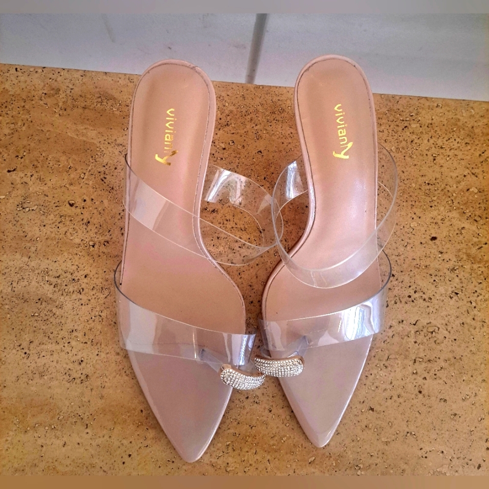 Vivianaly Transparent High Heels Diamond Decorated Open Toe Heels - Size 9